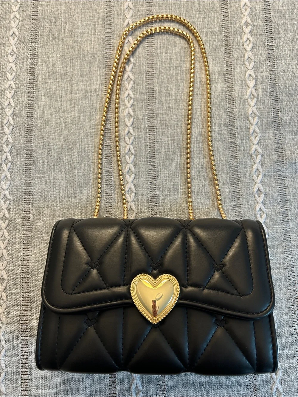 Black Quilted Chain Shoulder Bag with Gold Heart Lock